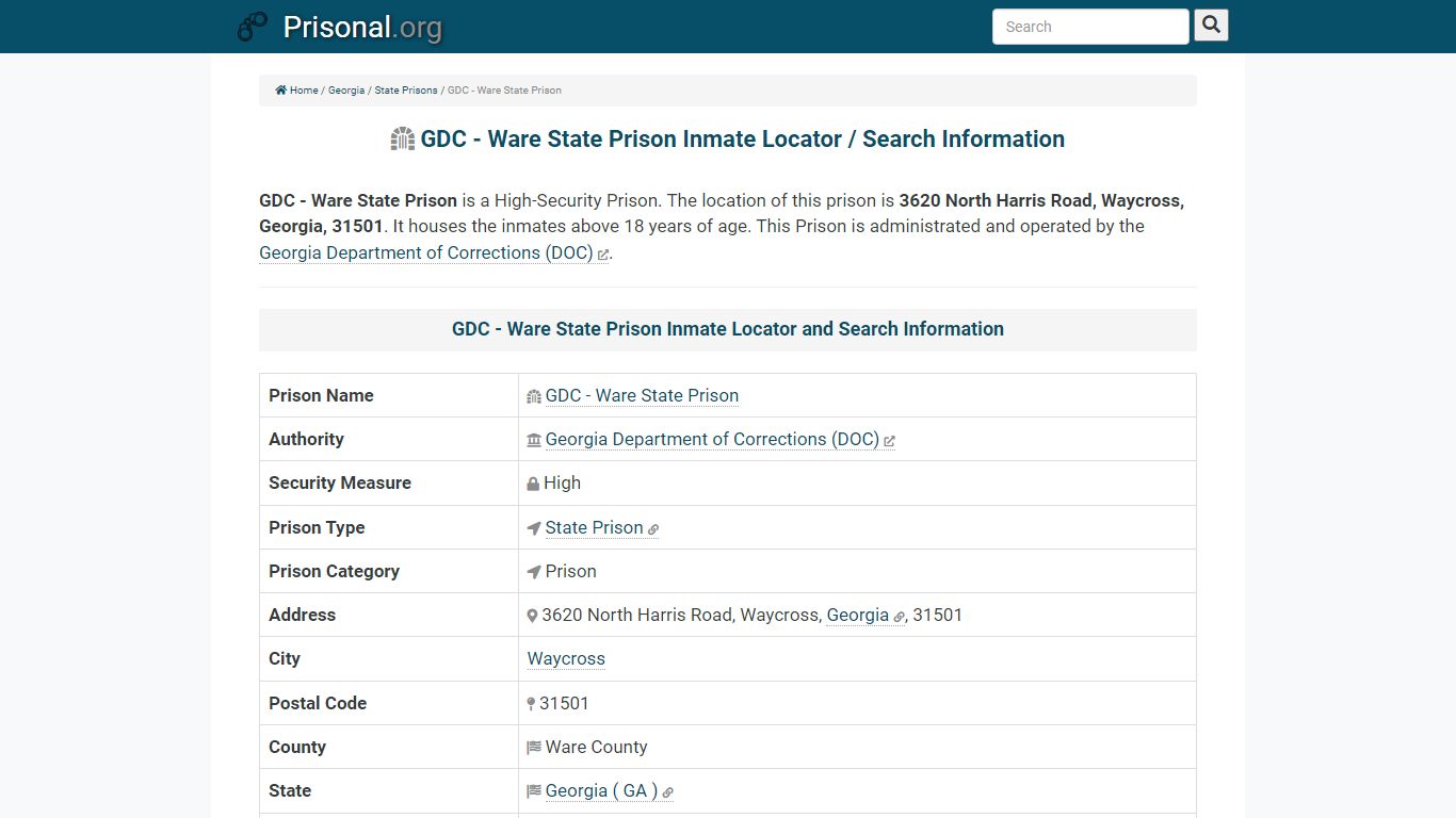 GDC - Ware State Prison-Inmate Locator/Search Info, Phone ...